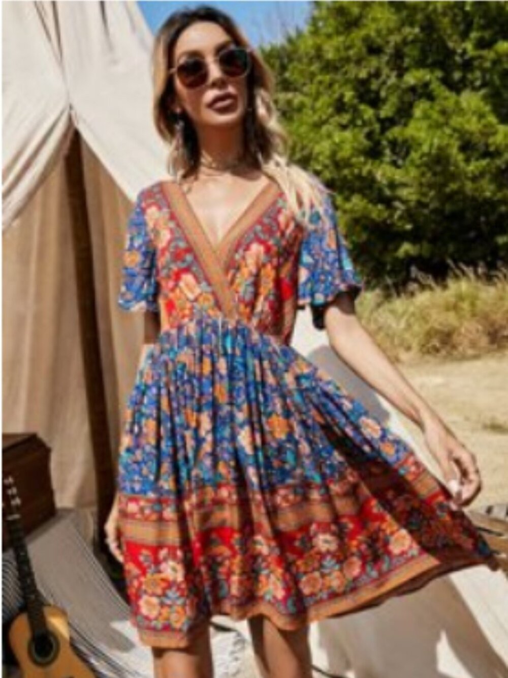 SHEIN Floral Faux-Wrap Short-Sleeve Mini Dress (Large)